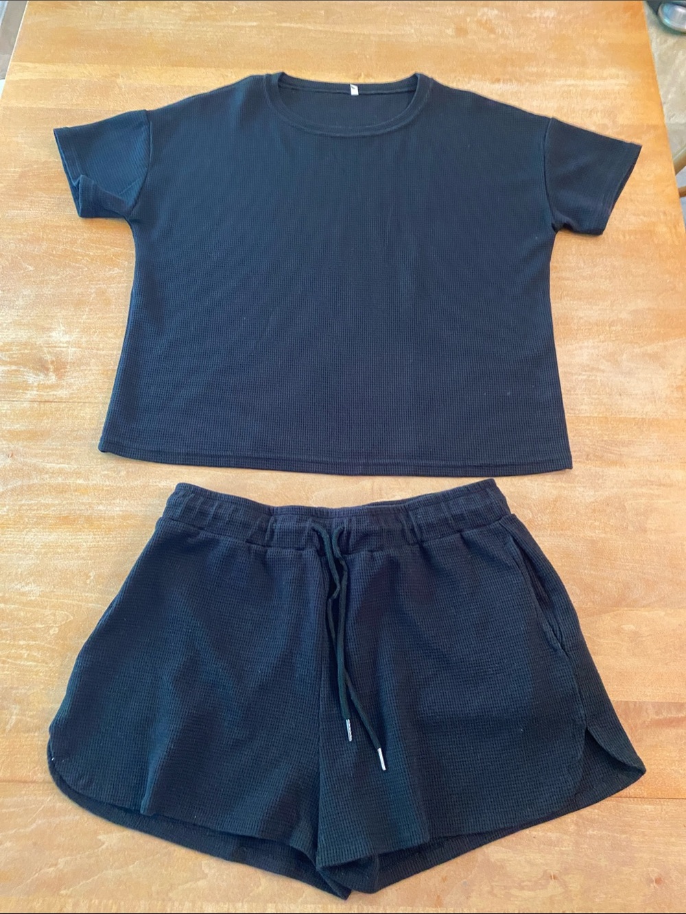 Size (L) Casual Short Sleeve Top and Elastic Waist Shorts Set - Black